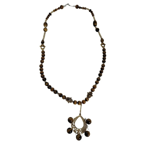 Tiger Eye Hamsa Hand Cabochons Statement Handmade Necklace - Picture 4 of 5